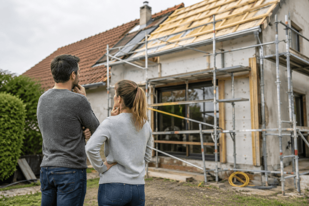 Couple observant les travaux de rénovation énergétique d'une maison à acheter à Longpont-sur-Orge