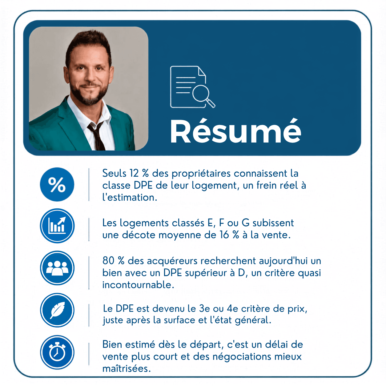 Résumé visuel du diagnostic de performance énergétique (DPE) et de son impact sur la vente immobilière à Longpont-sur-Orge
