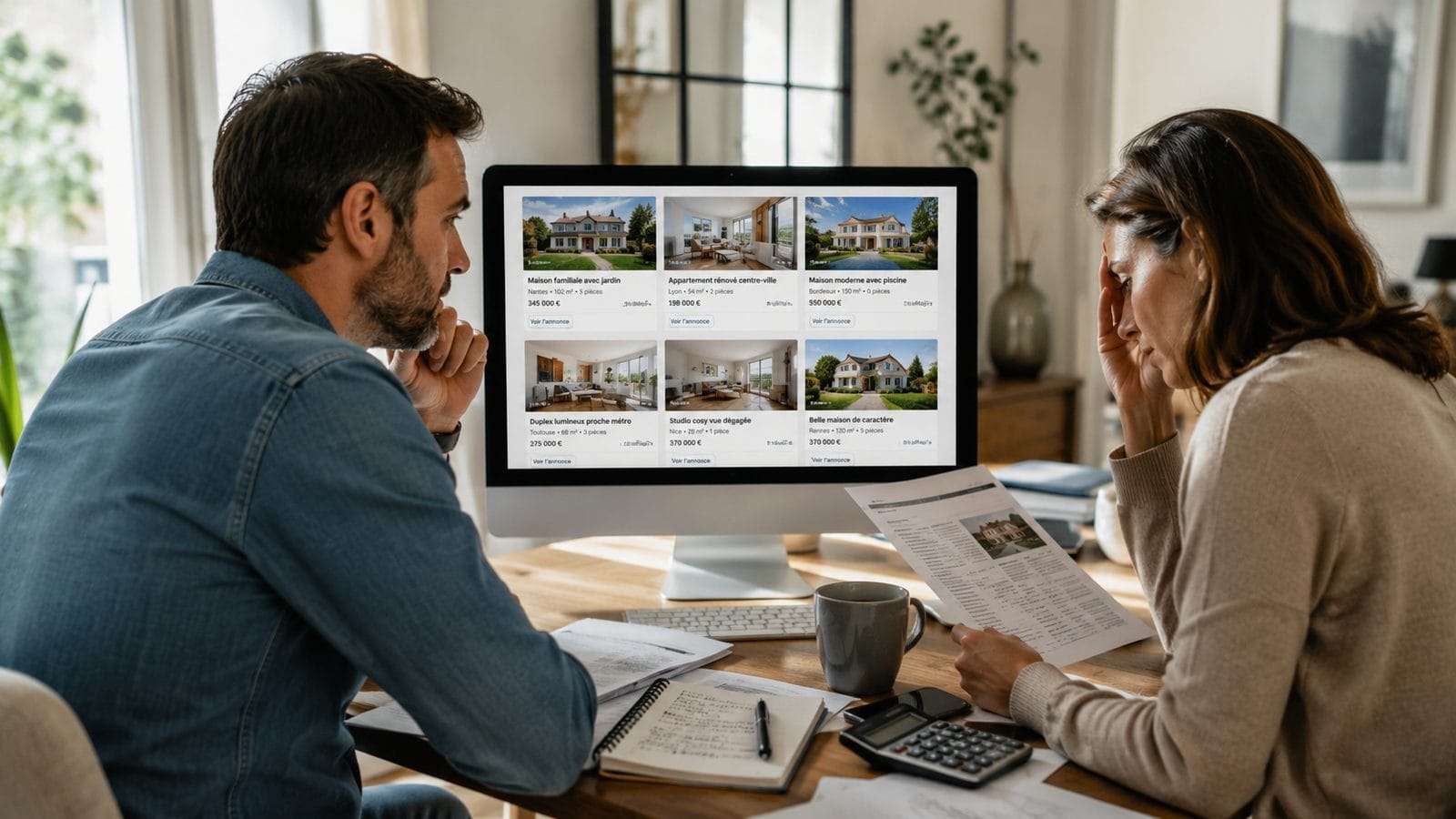 Couple consultant des annonces immobilières en ligne, préparation de la diffusion et des visites pour vendre à Longpont-sur-Orge