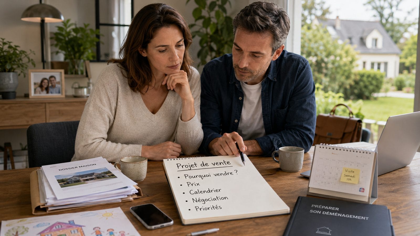 Couple préparant son projet de vente immobilière à Longpont-sur-Orge, notes sur pourquoi vendre, prix, calendrier et négociation