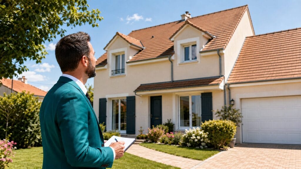 Conseiller immobilier réalisant une estimation immobilière devant une maison à Longpont-sur-Orge