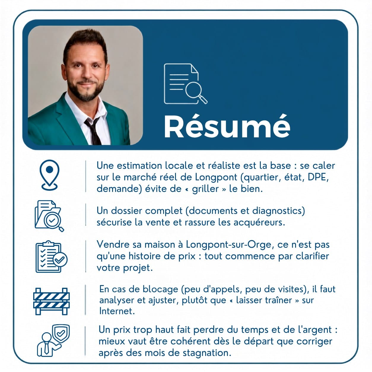 Résumé visuel : 5 conseils essentiels pour vendre sa maison à Longpont-sur-Orge, avec photo d'Antonio Figueiredo