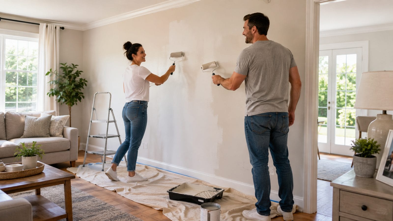 Couple réalisant des petits travaux de peinture avant la mise en vente de sa maison à Longpont-sur-Orge